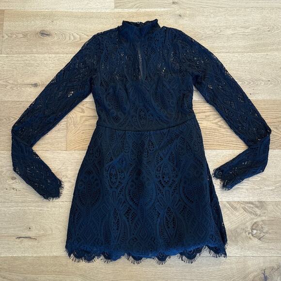 Lulu's - Gorgeous Attraction Lace Structured Long Sleeve Mini Dress in Black - Picture 1 of 6